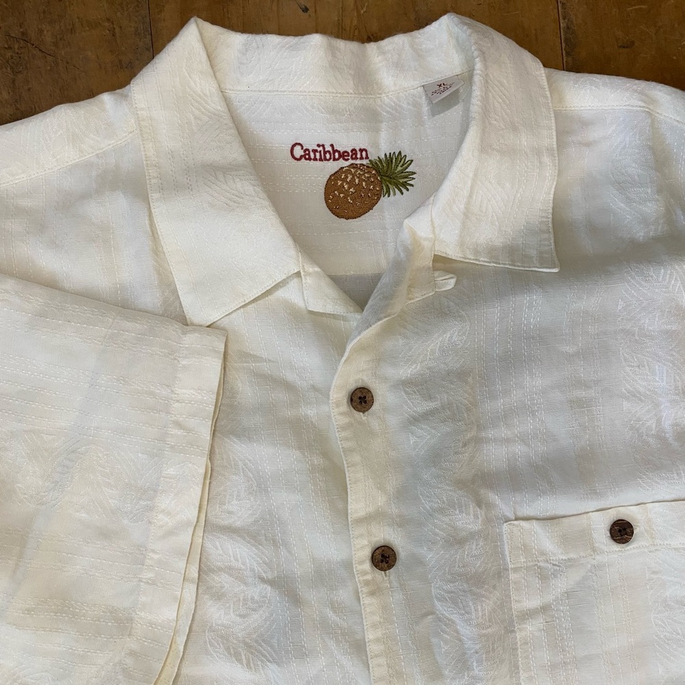 Caribbean Men's Shirt Cream Button Up Short Sleeve Size XL floral Linen/rayon - Picture 1 of 10